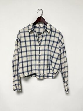 Madewell Hartfield Cropped Button-Up Plaid Shirt Cream Navy Windowpane Size M